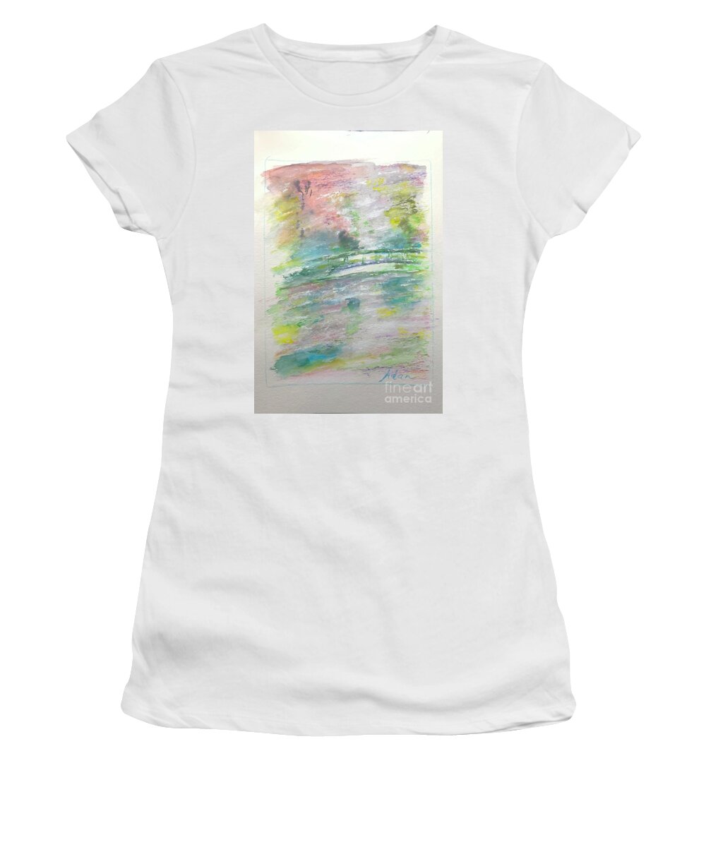 Monet Women's T-Shirt featuring the painting Monets Garden April Rain in Giverny Watercolor v2 by Felipe Adan Lerma