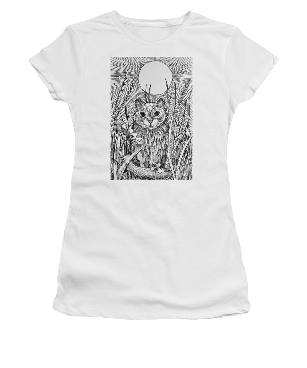 Cat Women's T-Shirt featuring the drawing Moon cat by Don Morgan