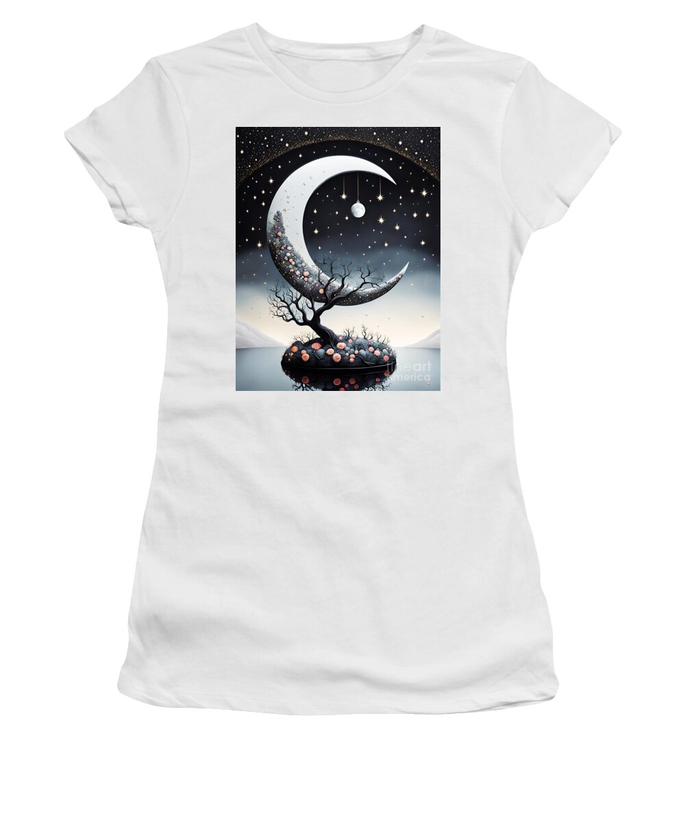 This Is A Multi Media Cg Painting Of A Fantasy Full Moon Hanging From A Full Moon That’s Covered In Gem Stones And Earth Women's T-Shirt featuring the mixed media Moon Dance # 1 by Barbara Milton