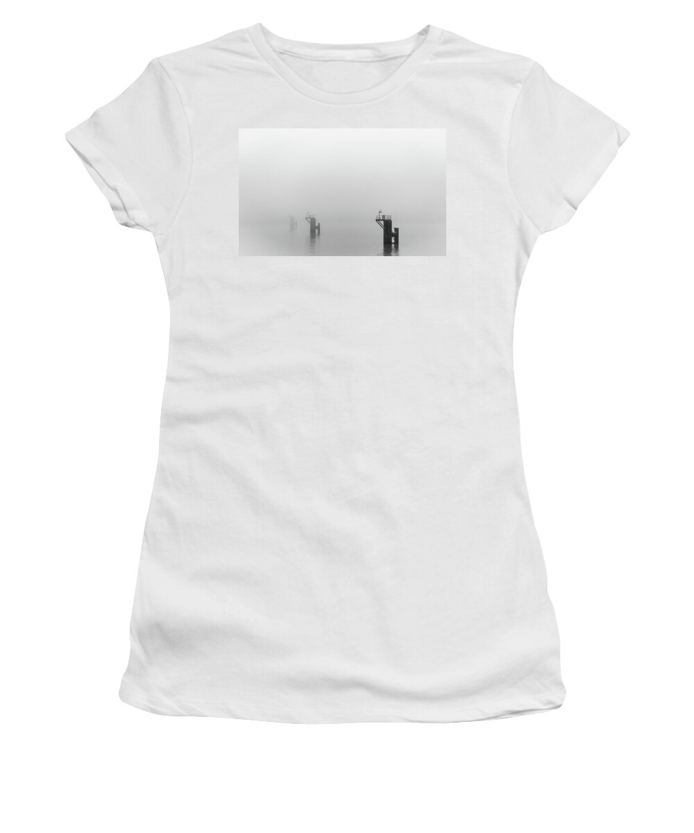 Mooring Women's T-Shirt featuring the photograph Mooring Dolphins in the Fog by Gavin Lewis