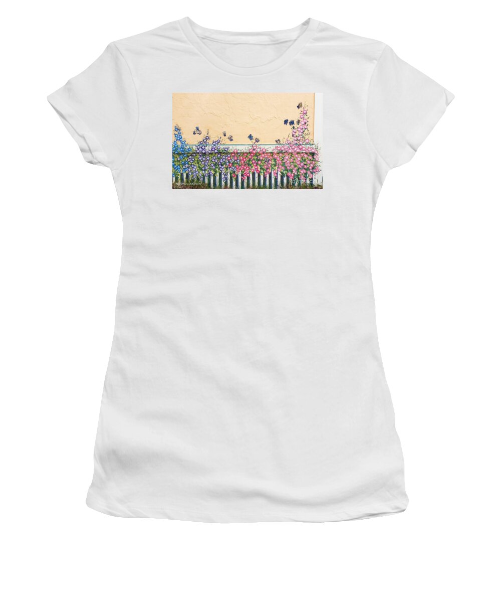 Mural Women's T-Shirt featuring the painting Morning Glories and Butterflies, II by Merana Cadorette