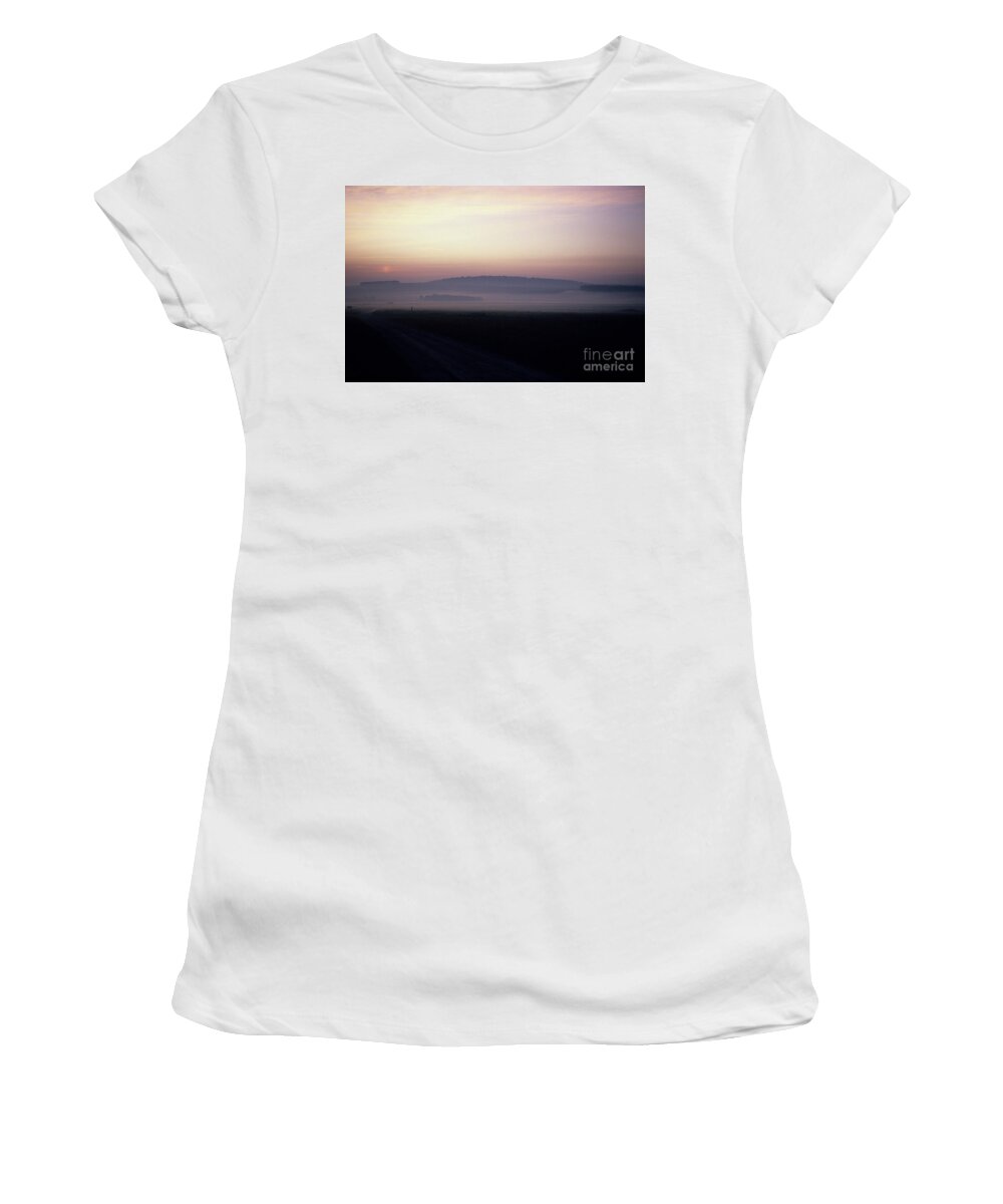 80025126 Women's T-Shirt featuring the photograph Morning Mist on Salisbury Plain by Patrick G Haynes
