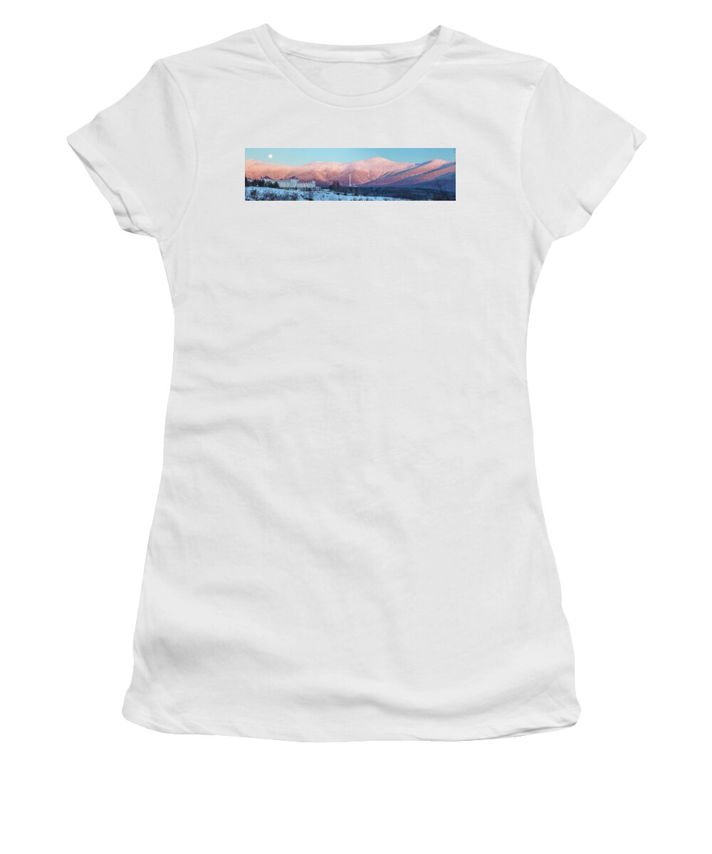 Mount Women's T-Shirt featuring the photograph Mount Washington Alpenglow Moonrise Panorama by White Mountain Images