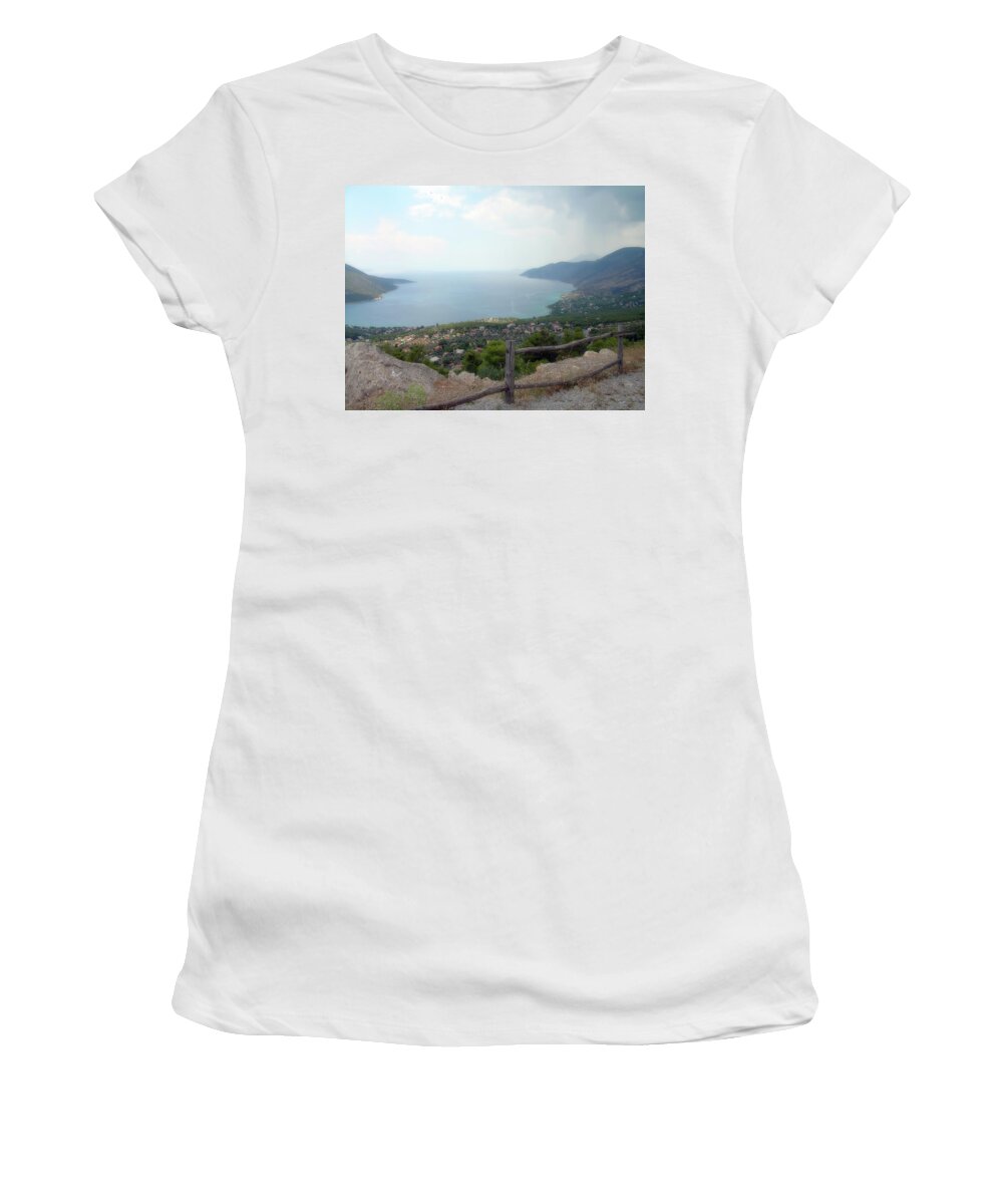 Greece Women's T-Shirt featuring the photograph Mountain and Sea view in Greece by Johanna Hurmerinta