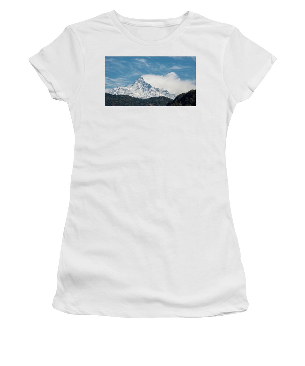 Mountains Women's T-Shirt featuring the photograph Mountain peak covered in snow. Annapurna Nepal by Michalakis Ppalis