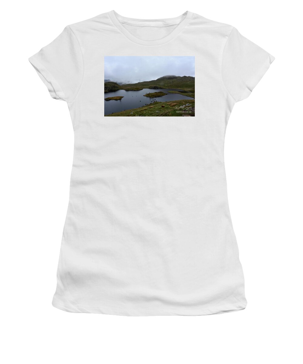 Tarn Women's T-Shirt featuring the photograph Mountain Top Angles Tarn with Thick Fog by DejaVu Designs