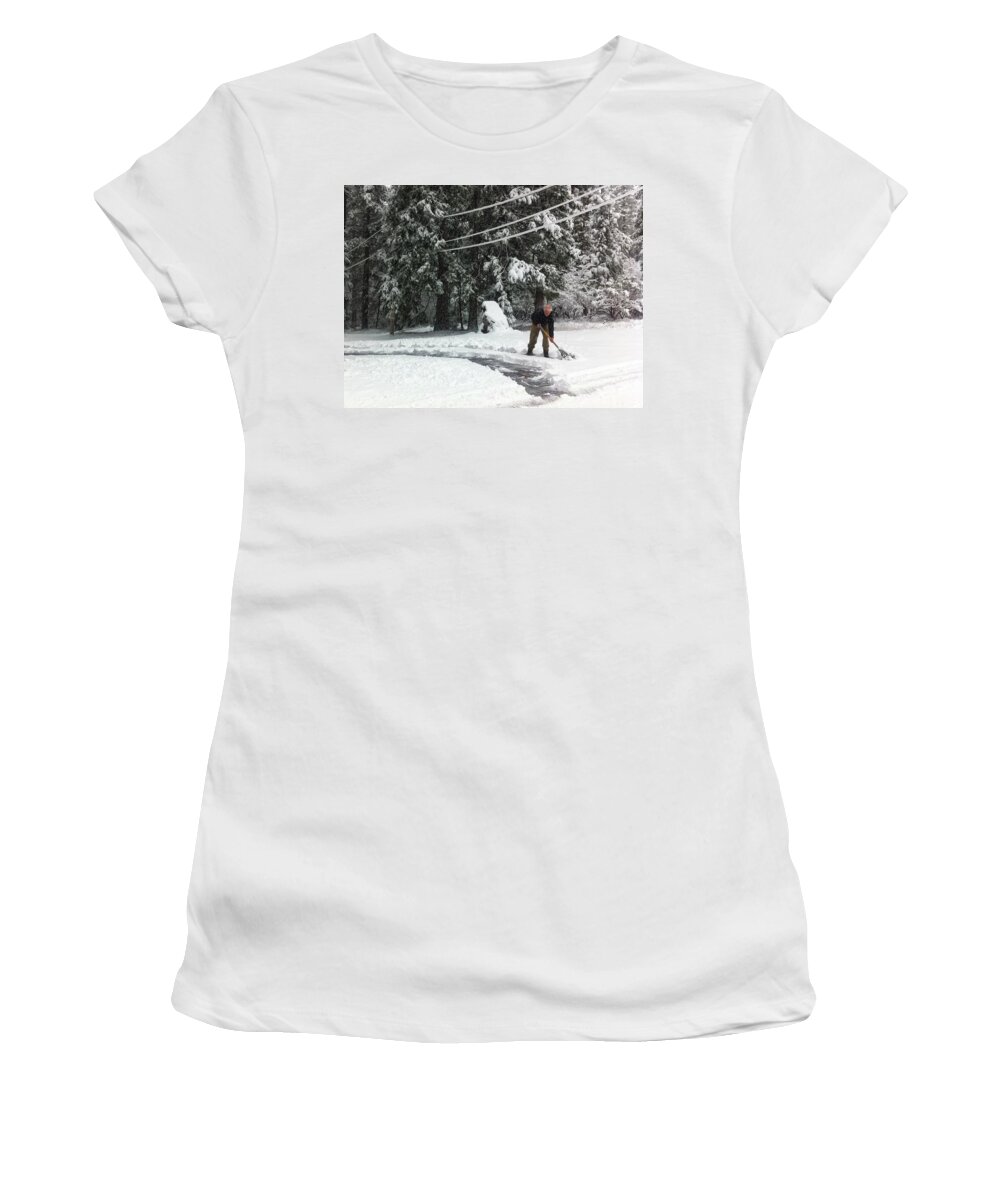 Photograph Snow Shovel Shoveling Women's T-Shirt featuring the photograph Moving Snow by Beverly Read