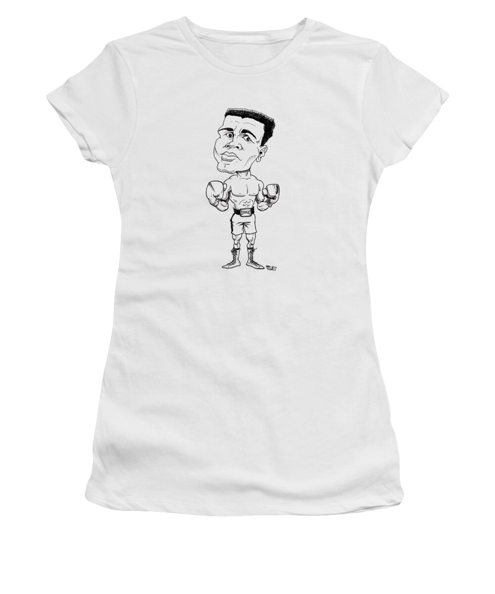 Cartoon Women's T-Shirt featuring the drawing Muhammad Ali, line drawing by Mike Scott