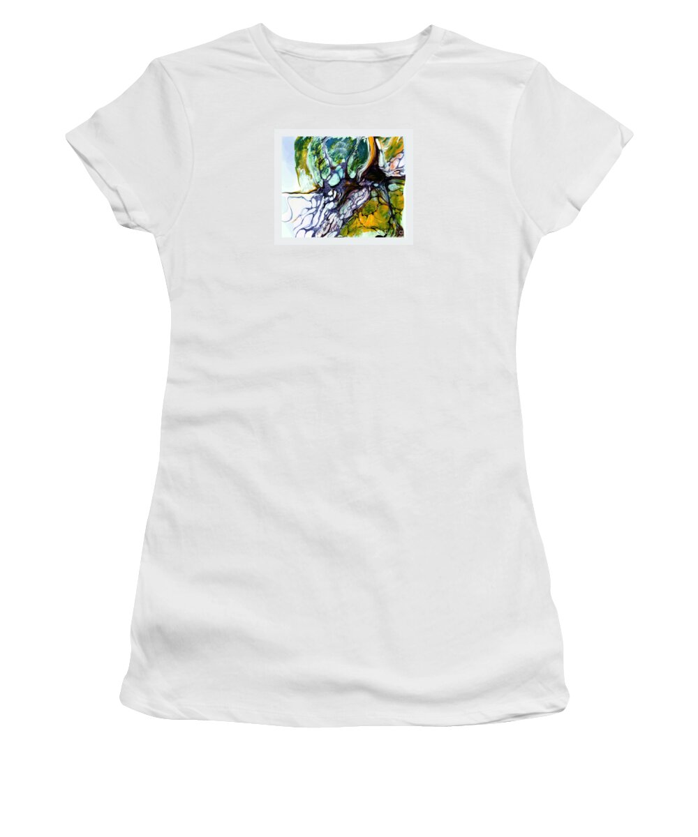 Neurographic Women's T-Shirt featuring the painting Mycelium Conversation Trees and a Windy Hill by Zsanan Studio