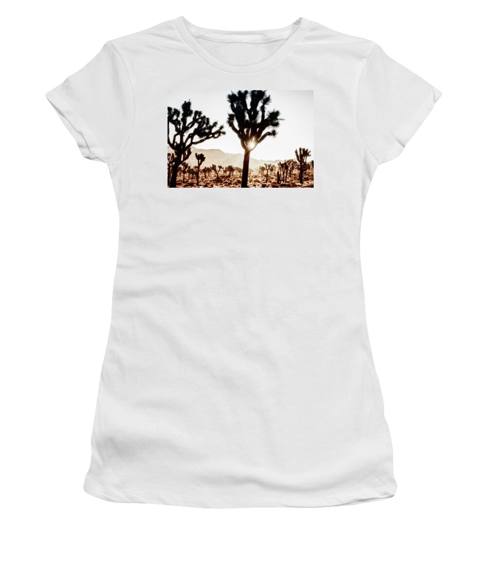 Joshua Tree Women's T-Shirt featuring the photograph Mystical Sunrise At Joshua Tree National Park by Joseph S Giacalone
