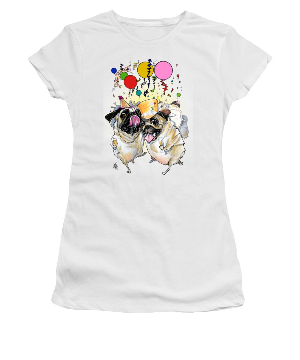 Pug Women's T-Shirt featuring the drawing New Years Pugs by Canine Caricatures By John LaFree
