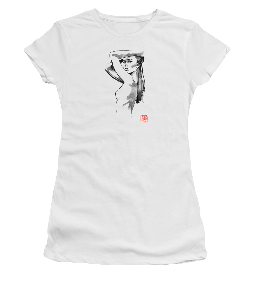 Nude Women's T-Shirt featuring the drawing Nude Woman by Pechane Sumie