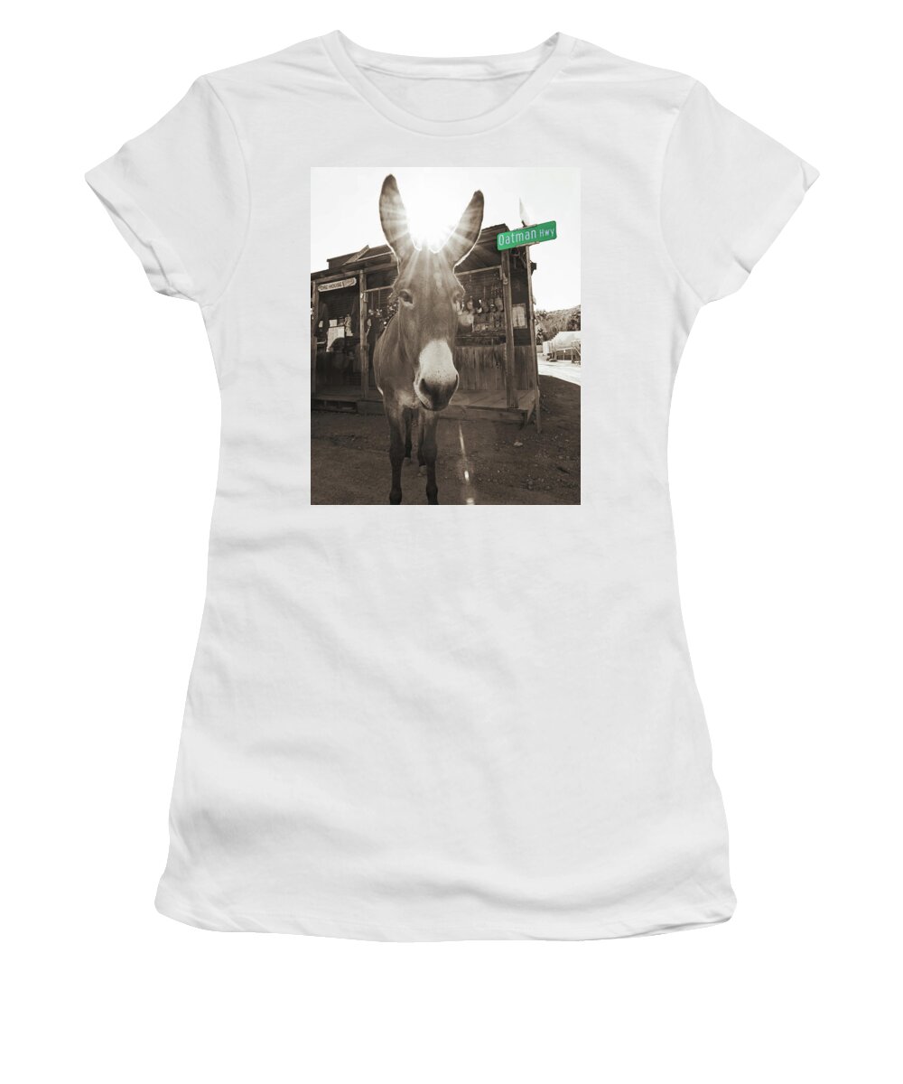 Oatman Women's T-Shirt featuring the photograph Oatman Highway Donkeys, Arizona by Don Schimmel