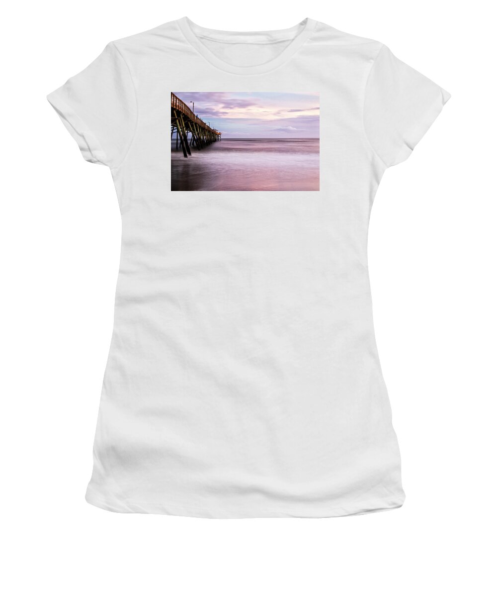 Oceanana Women's T-Shirt featuring the photograph Oceanana Fishing Pier at Sunset by Bob Decker