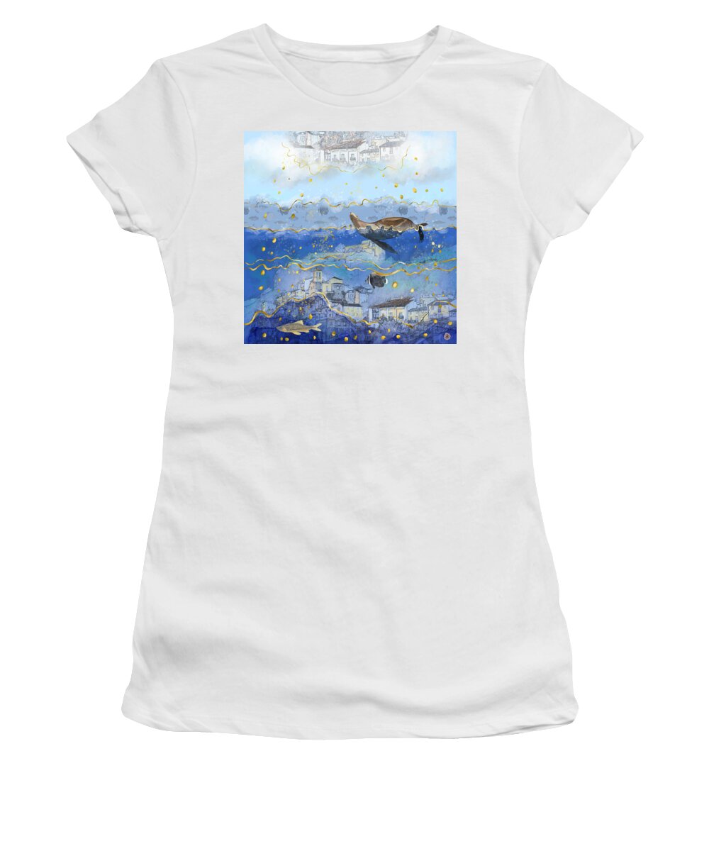 Global Warming Women's T-Shirt featuring the digital art On Earth As It Is In Heaven? Sea levels rising awareness by Andreea Dumez