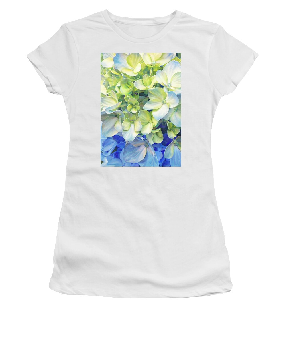 Hydrangea Women's T-Shirt featuring the painting Out of the Blue by Sandy Haight