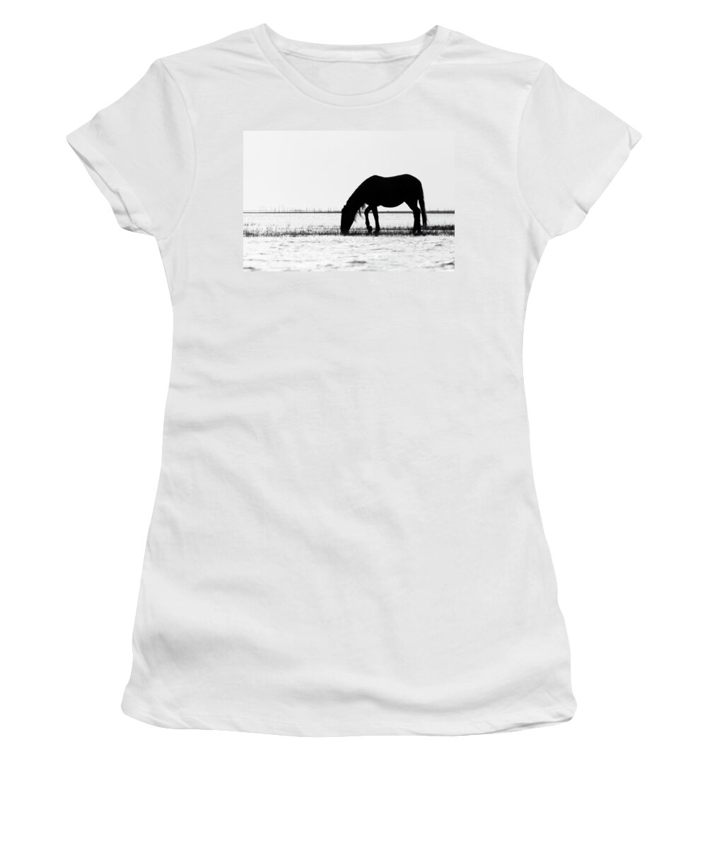 Wild Mustang Women's T-Shirt featuring the photograph Outer Banks Wild Mustang Silhouette by Bob Decker