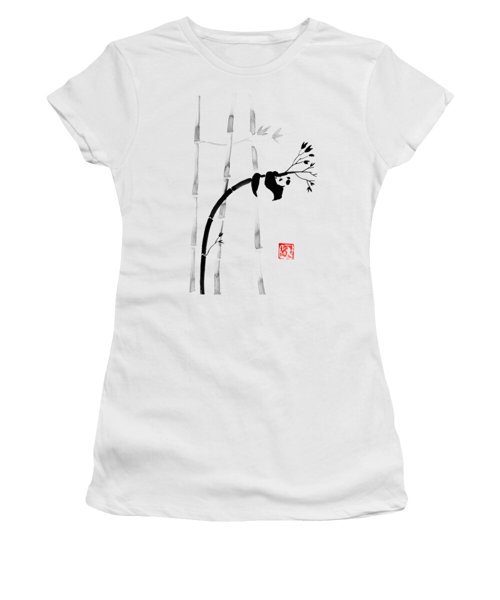 Panda Women's T-Shirt featuring the drawing Panda On Bamboo by Pechane Sumie