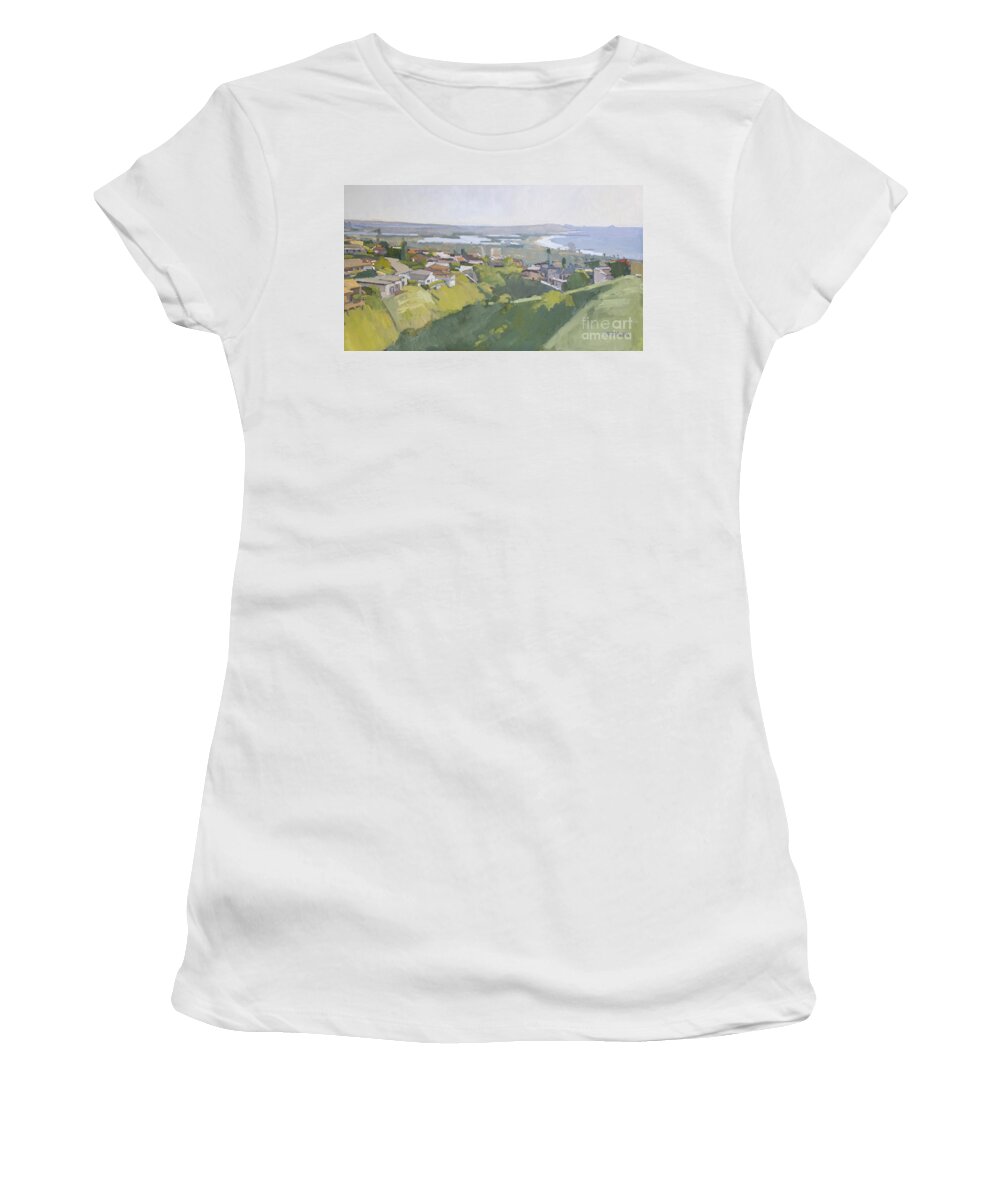 Pacific Beach Women's T-Shirt featuring the painting Panoramic of Pacific Beach, Mission Beach, Ocean Beach and Mission Bay - San Diego, California by Paul Strahm