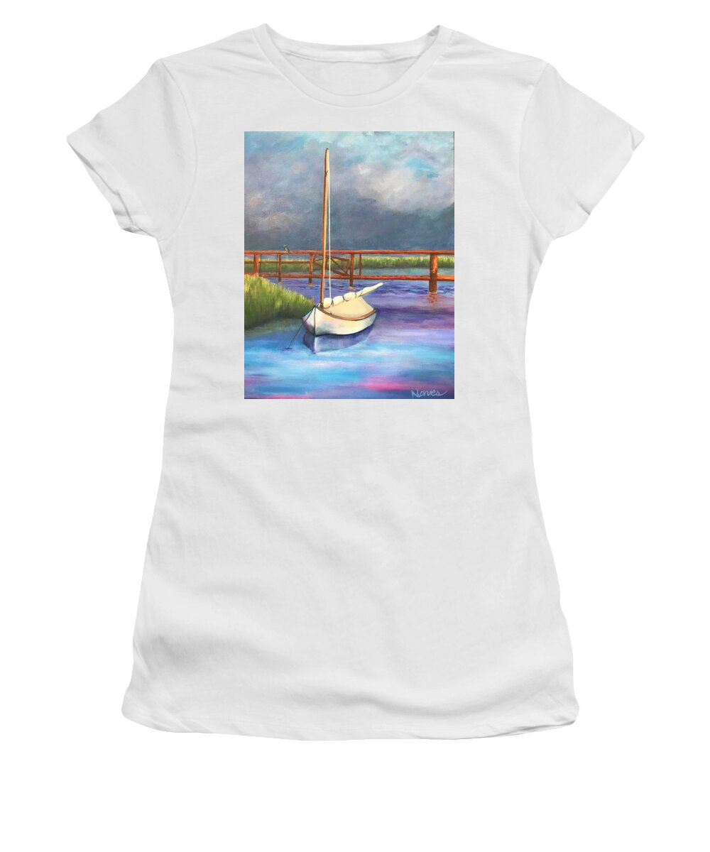Nautical Women's T-Shirt featuring the painting Passing Storm at the Mooring by Deborah Naves