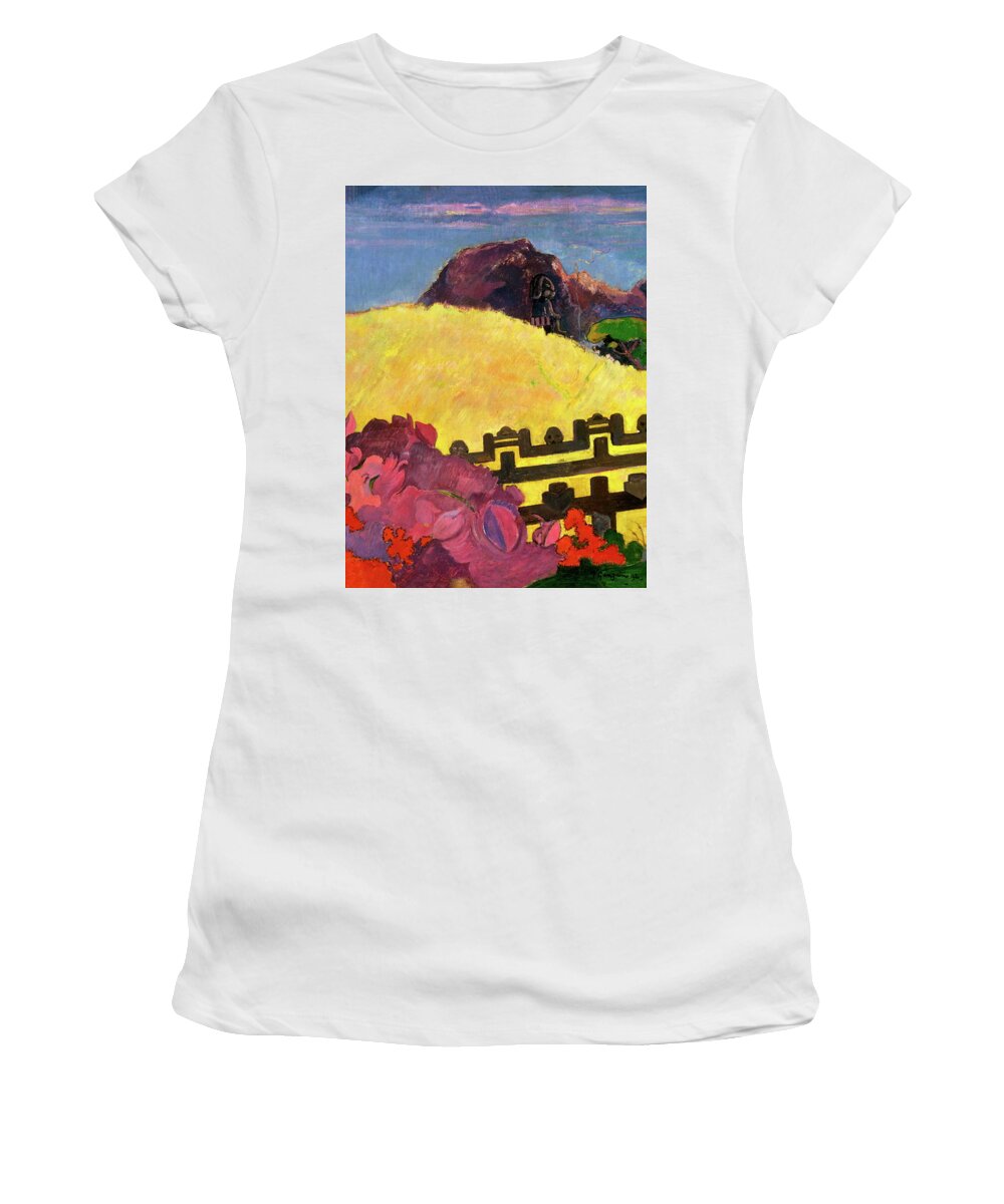 The Sacred Mountain Women's T-Shirt featuring the painting Paul Gauguin - The Sacred Mountain or Parahi Te Marae by Alexandra Arts