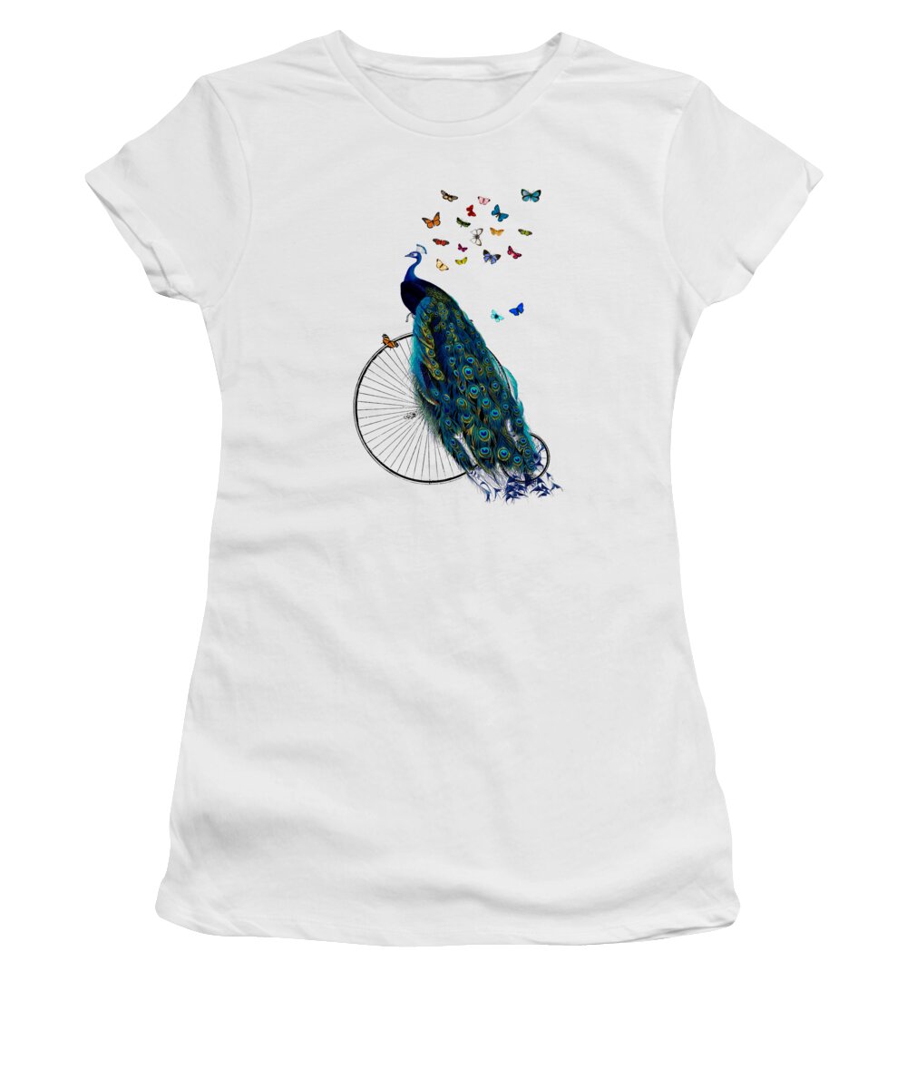 Peacock Women's T-Shirt featuring the digital art Peacock On A Bicycle With Butterflies by Madame Memento