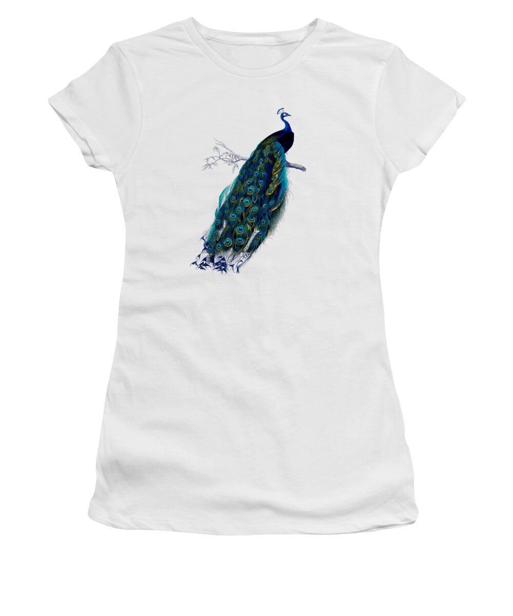 Peacock Women's T-Shirt featuring the digital art Peacock On Blue Background by Madame Memento
