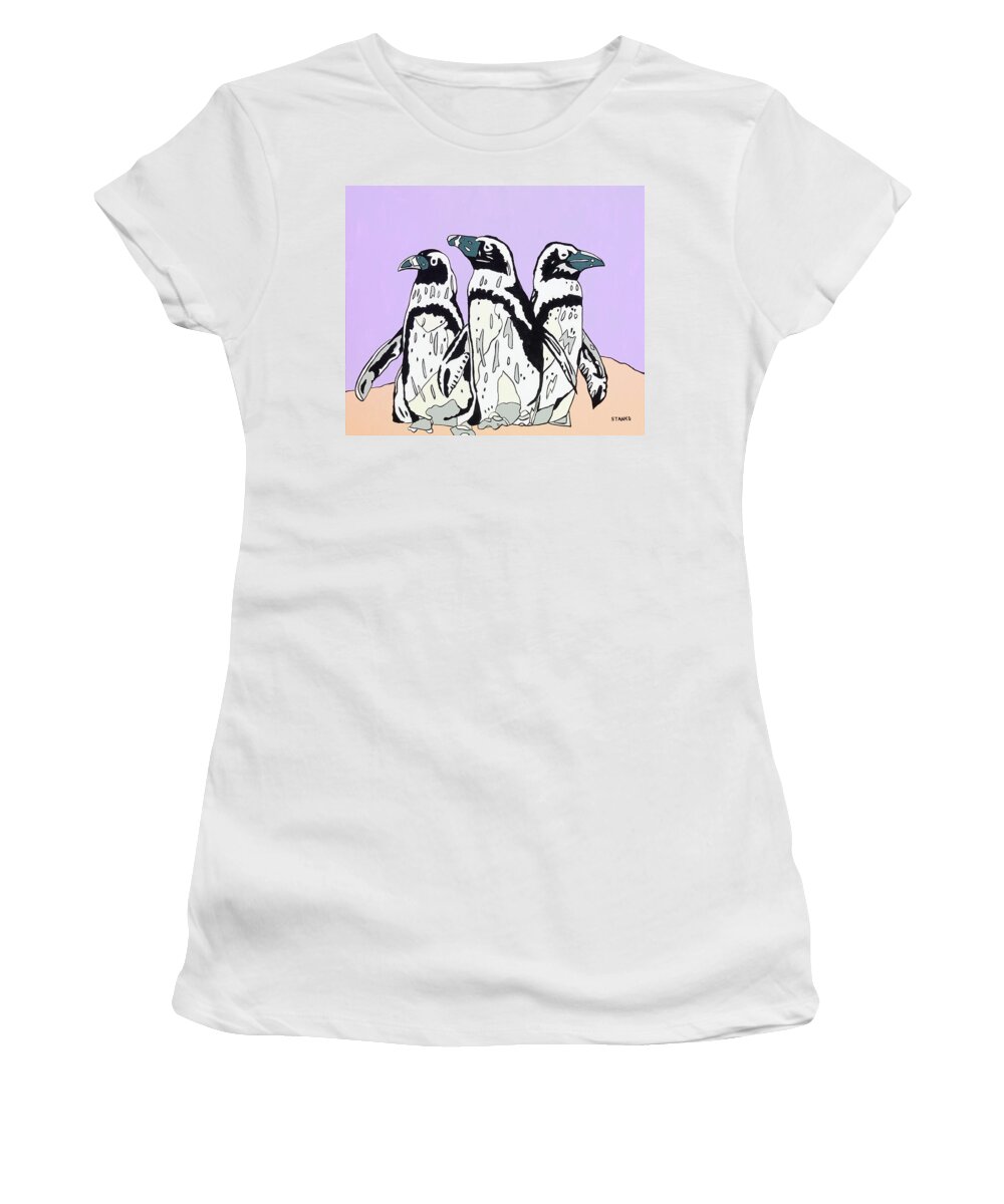 Penguins Birds Women's T-Shirt featuring the painting Penguins by Mike Stanko
