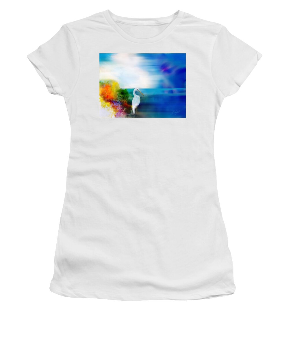 Ipad Painting Women's T-Shirt featuring the digital art Perched Egret Sunrise by Frank Bright