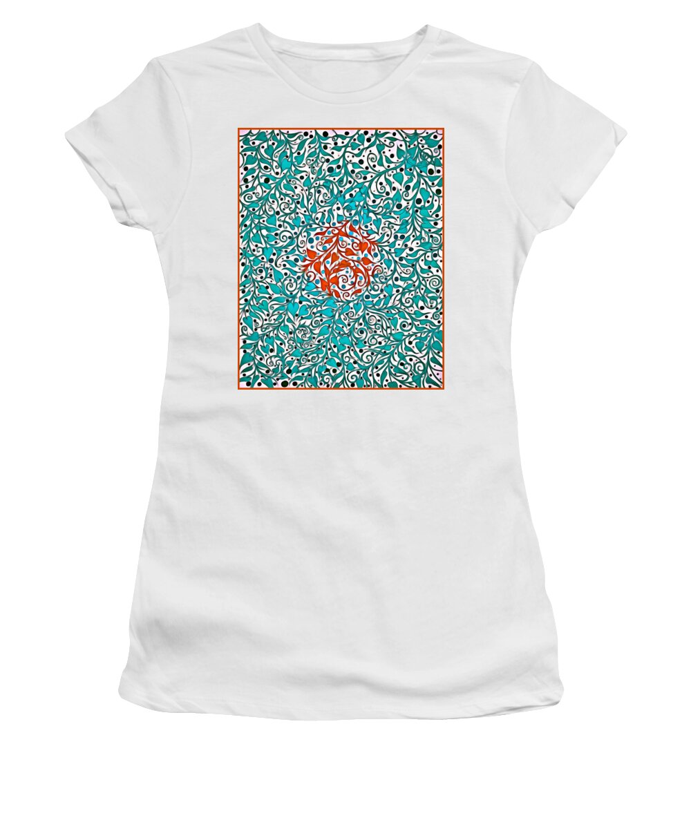 Philodendron Leaves Women's T-Shirt featuring the tapestry - textile Philodendron Leaves With A Red Circle And Border by Lise Winne