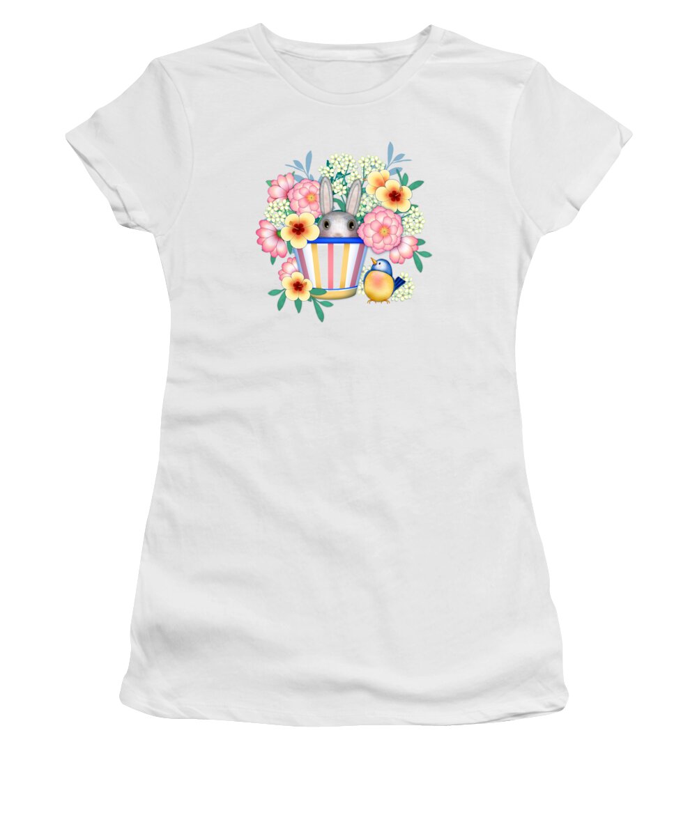 Still Life Women's T-Shirt featuring the digital art Peekaboo Bunny and Bird by Valerie Drake Lesiak