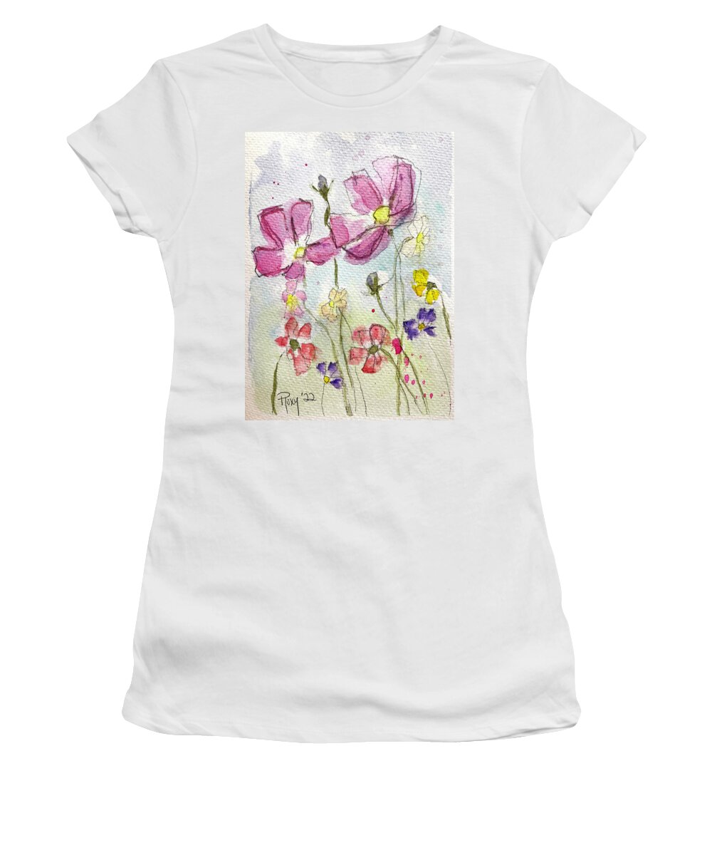 Pink Cosmos Women's T-Shirt featuring the painting Pink Cosmos by Roxy Rich