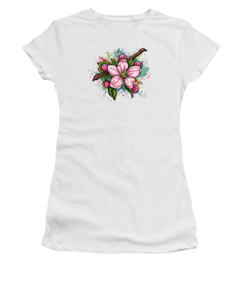 Flower Women's T-Shirt featuring the painting Pink flower on white background, cherry blossom by Nadia CHEVREL