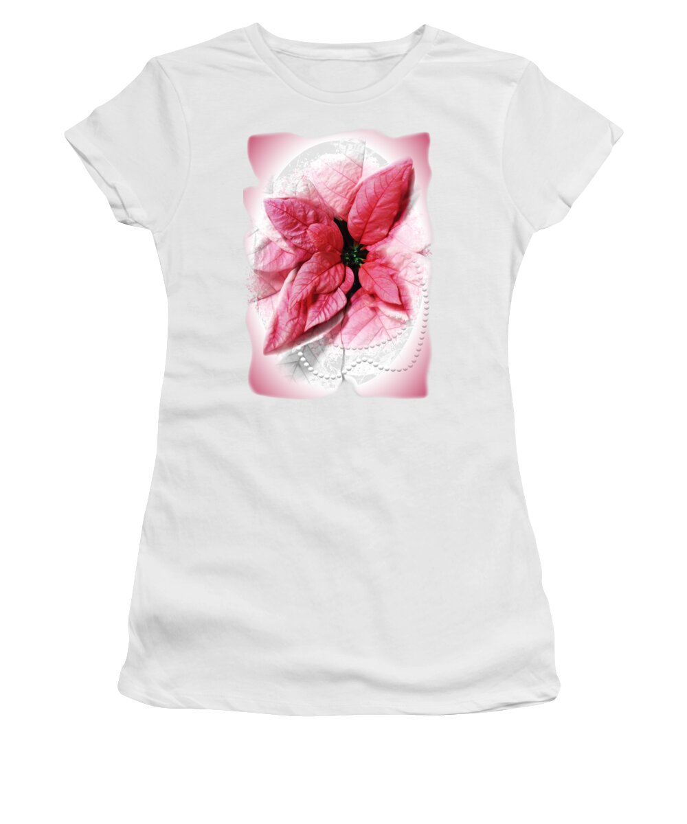 Pink Women's T-Shirt featuring the digital art Pink Poinsettia with Pearls Seasonal Holiday by Delynn Addams
