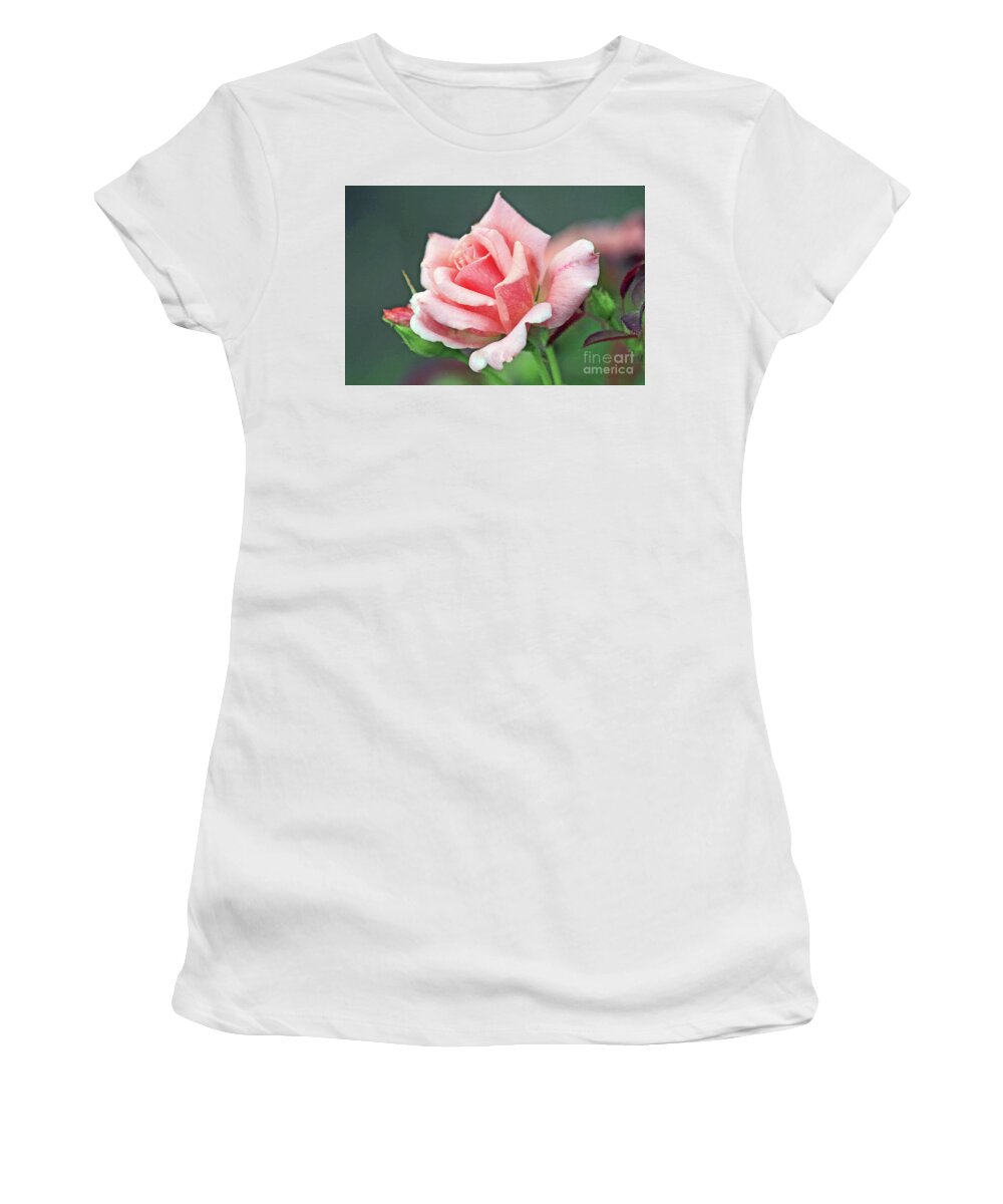 Rose; Pink; Petals; Rosebud; Flower; Close-up; Macro; Romantic; Botanical; Horizontal; Women's T-Shirt featuring the digital art Pink Rose in Profile by Tina Uihlein