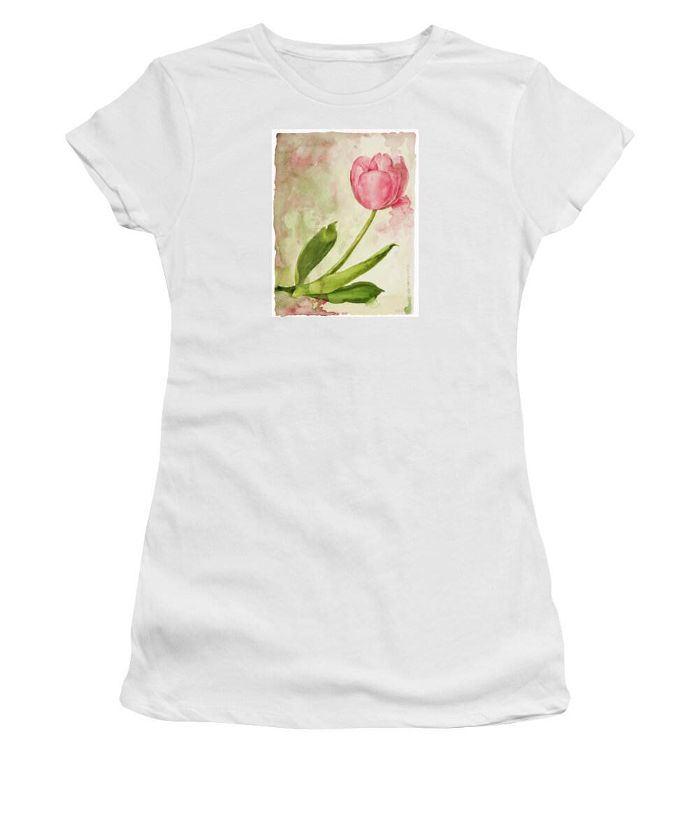 Botanicals Women's T-Shirt featuring the painting Pink Tulip After the Rain by Kathryn Donatelli