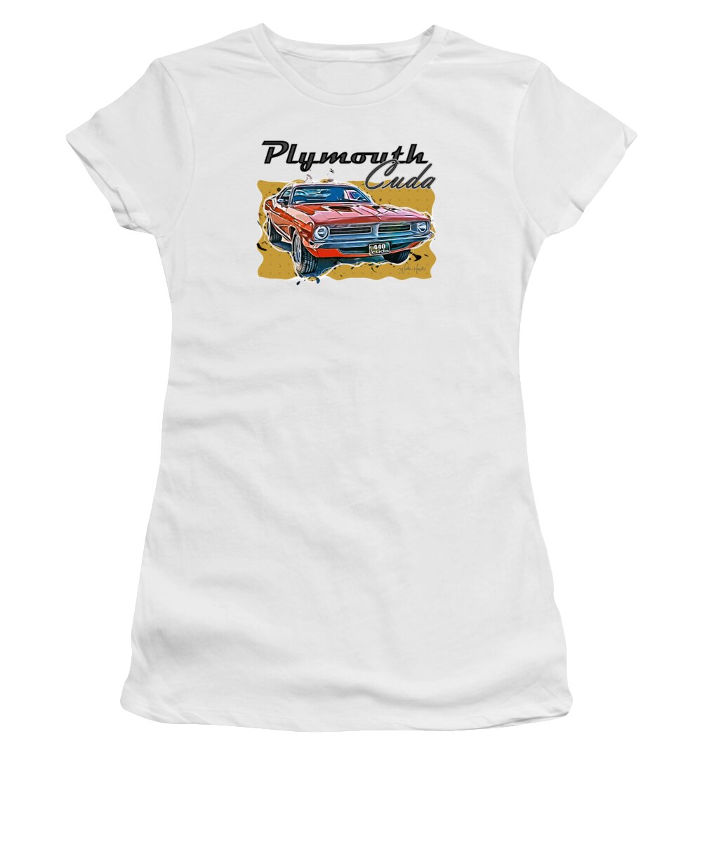 Plymouth Women's T-Shirt featuring the digital art Plymouth Cuda American Muscle Car by Walter Herrit