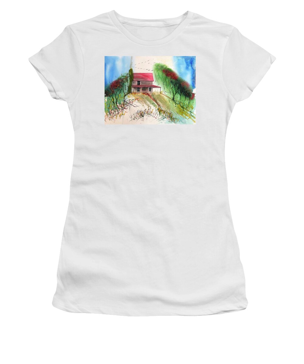 Farm Women's T-Shirt featuring the painting Poindexter 1908 Ancestral Homested and Farm ar Smith Mountain Lake in Virginia by Catherine Ludwig Donleycott