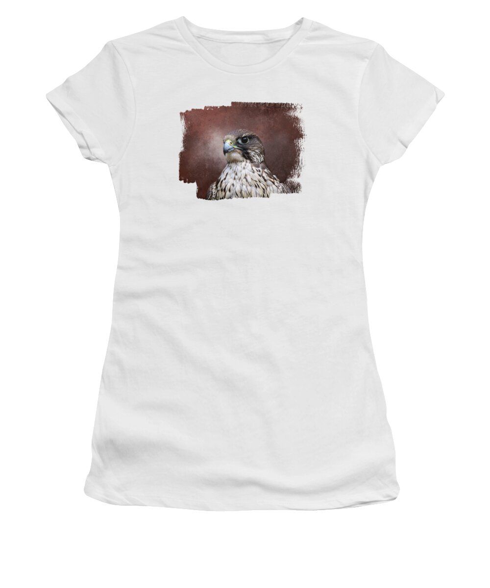 Falcon Women's T-Shirt featuring the photograph Portrait of a Brown and White Falcon by Elisabeth Lucas