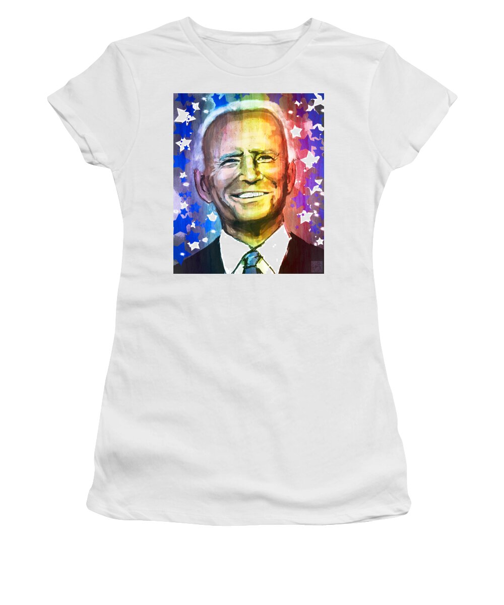 Biden Women's T-Shirt featuring the mixed media President Biden - Rainbow by Eileen Backman