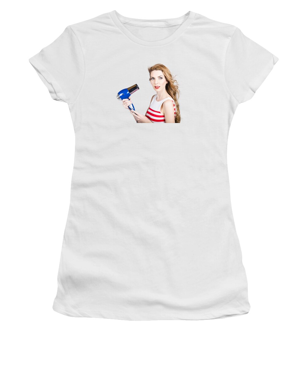 Hair Women's T-Shirt featuring the photograph Pretty lady getting a blow dry hair style by Jorgo Photography