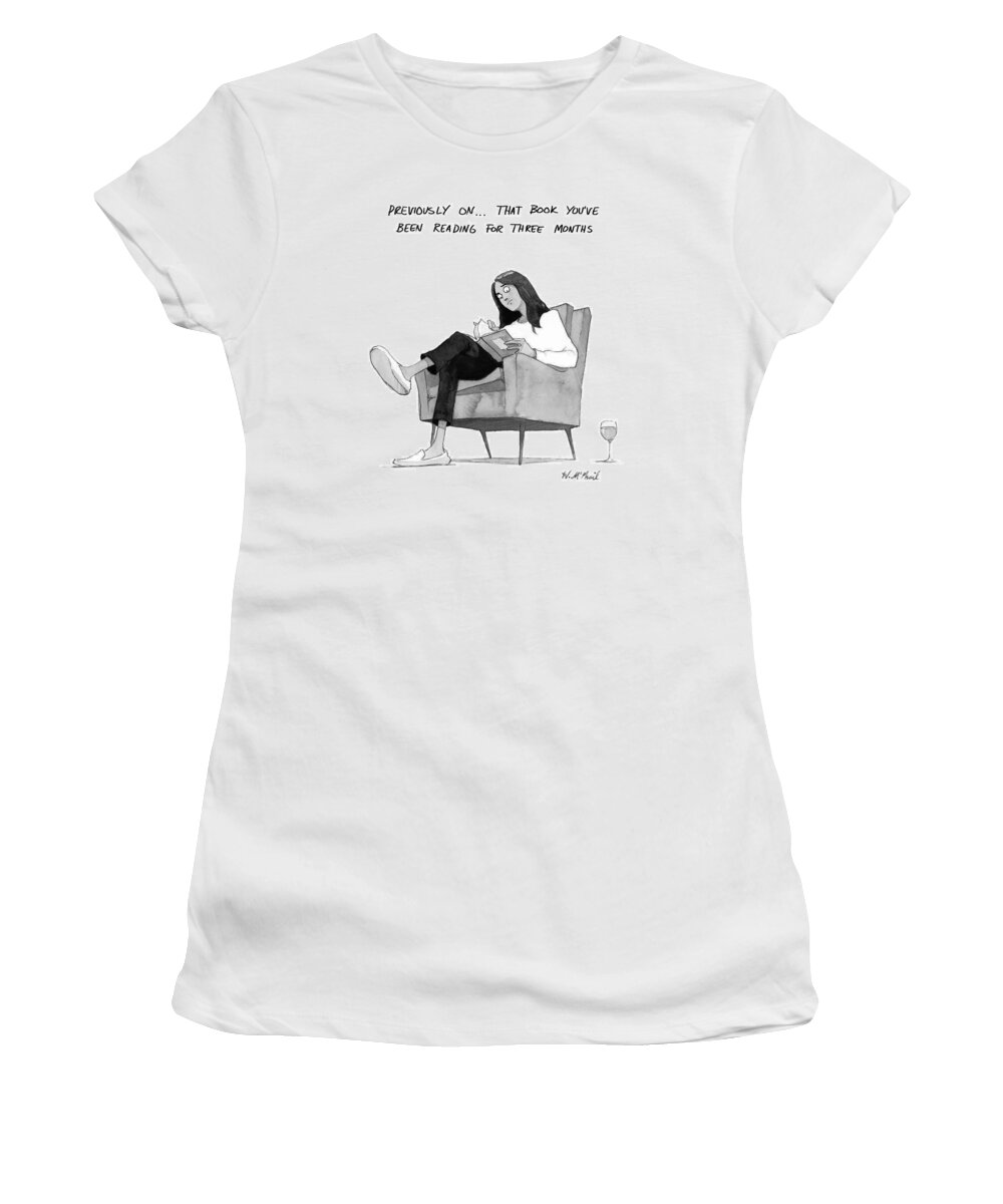 Captionless Women's T-Shirt featuring the drawing Previously On by Will McPhail