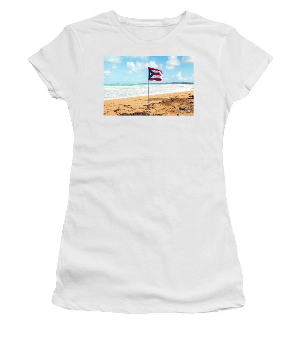 Puerto Women's T-Shirt featuring the photograph Puerto Rican Flag on the Beach, Pinones, Puerto Rico by Beachtown Views