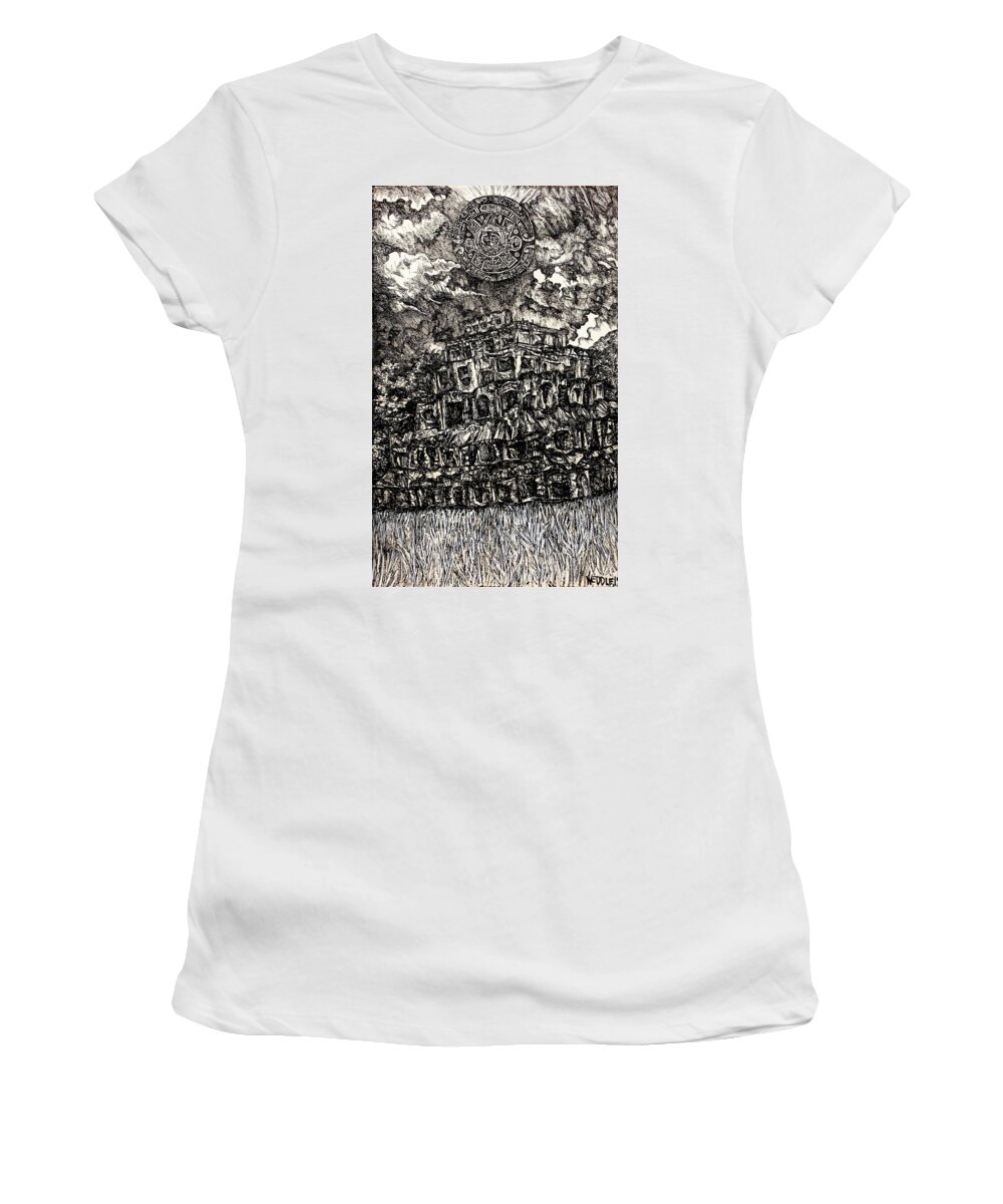 Pen And Ink Drawing Women's T-Shirt featuring the drawing Pyramid of the Seven Stories and The Fifth Sun by Angela Weddle