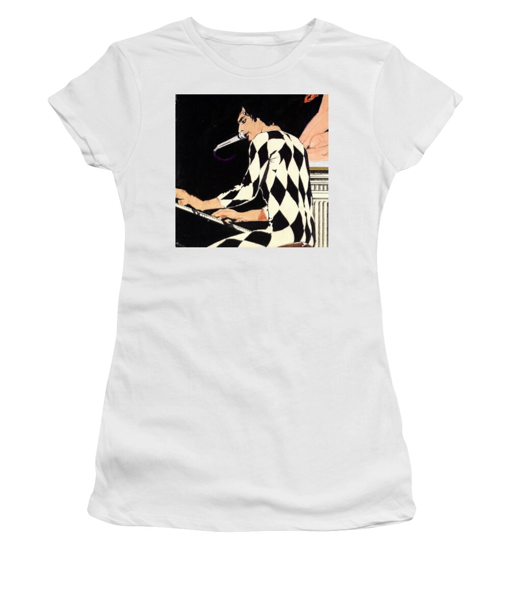 Queen Women's T-Shirt featuring the drawing Queen Live - Freddie Mercury At The Keys - detail by Sean Connolly