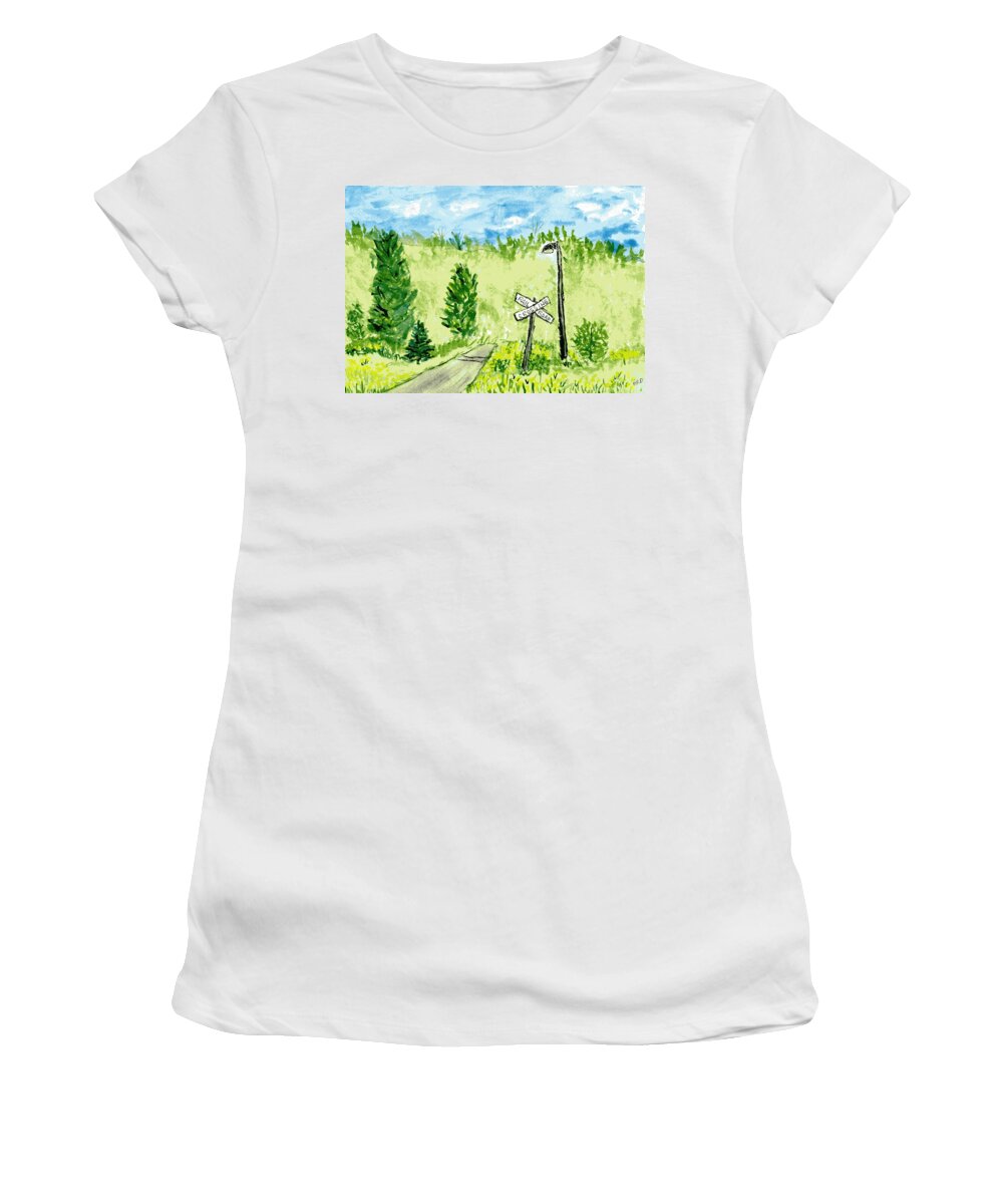 Railroad Women's T-Shirt featuring the painting Railroad Crossing by Branwen Drew