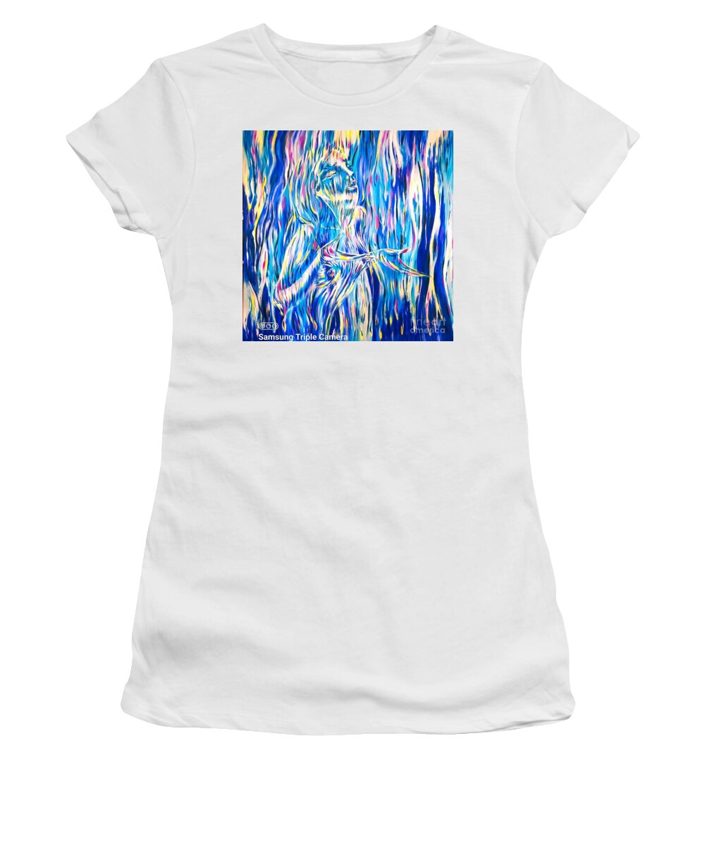 Girl Women's T-Shirt featuring the painting Rain dance by Tatyana Shvartsakh