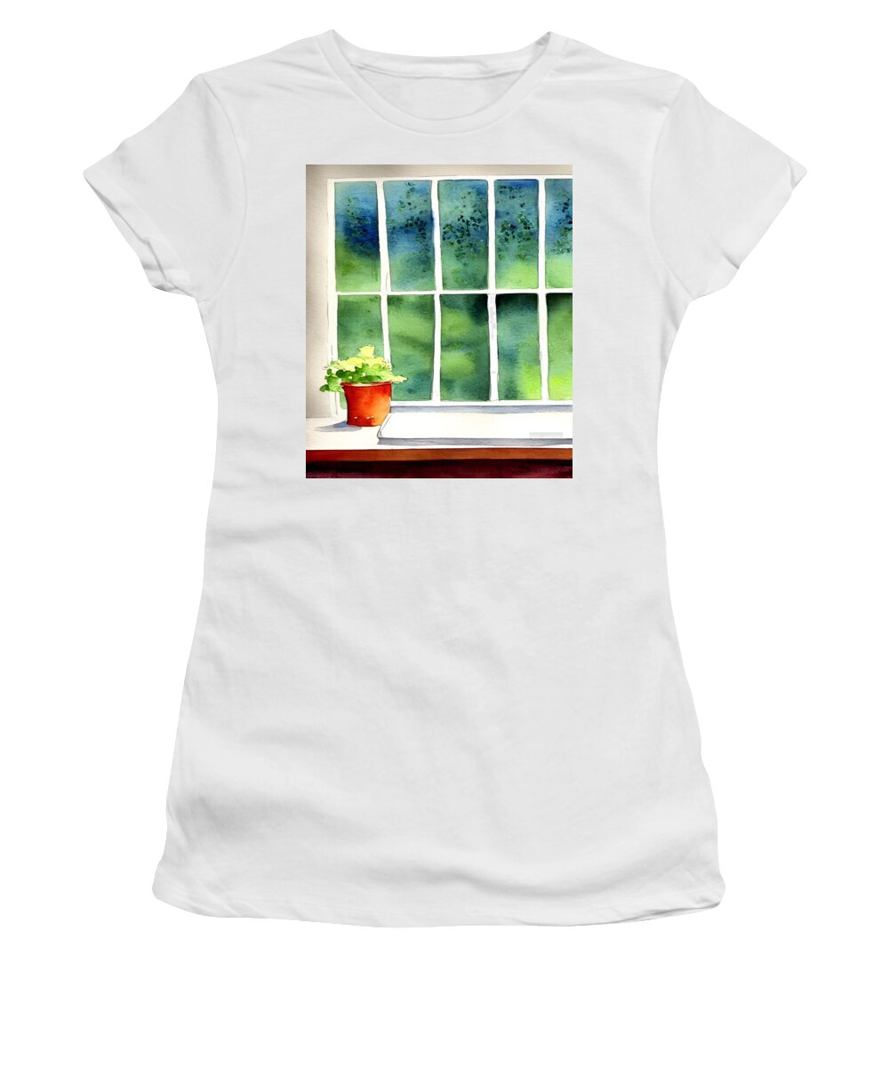 Windowsill Women's T-Shirt featuring the painting Rainyday View by Bonnie Bruno