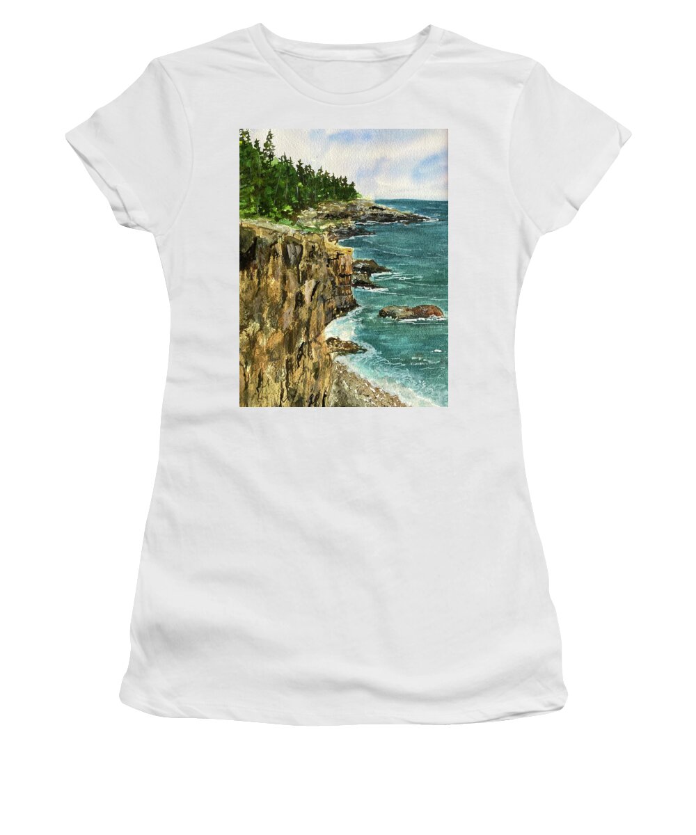Ravens Nest Women's T-Shirt featuring the painting Ravens Nest Acadia, Maine by Kellie Chasse
