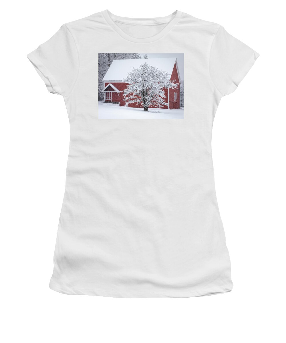 Maine Women's T-Shirt featuring the photograph Red Barn in Snow by Colin Chase